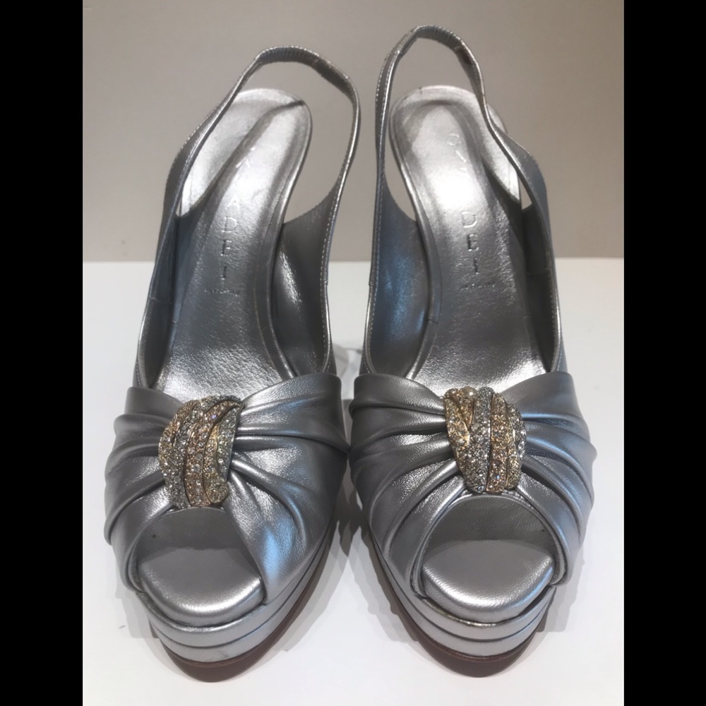 Casadei Silver Slingback Platform Heels with Gold Crystal Accent